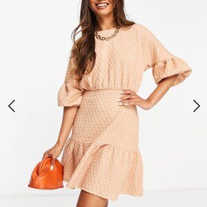ASOS DESIGN puff ball open back tiered mini dress in pink & white texture
